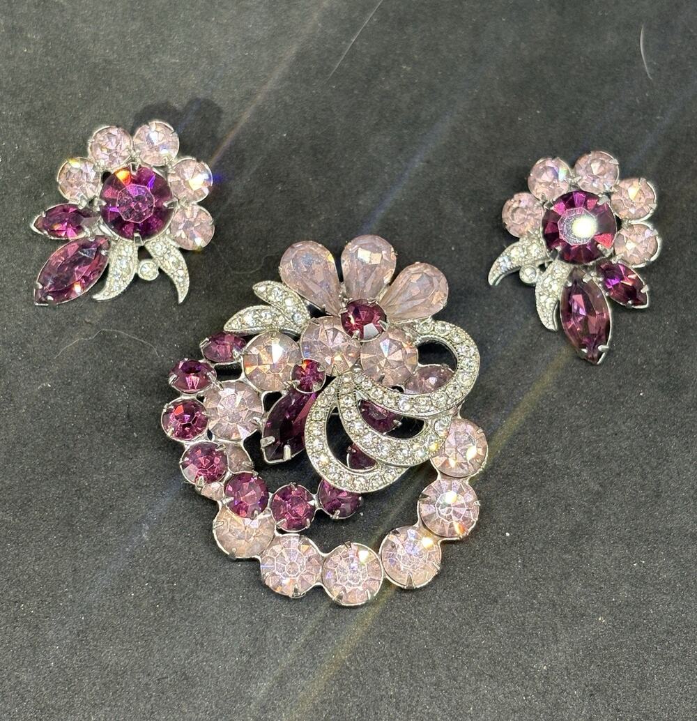 Vintage 1950s Signed EISENBERG Purple Rhinestone Brooch & Clip-On Earring Set